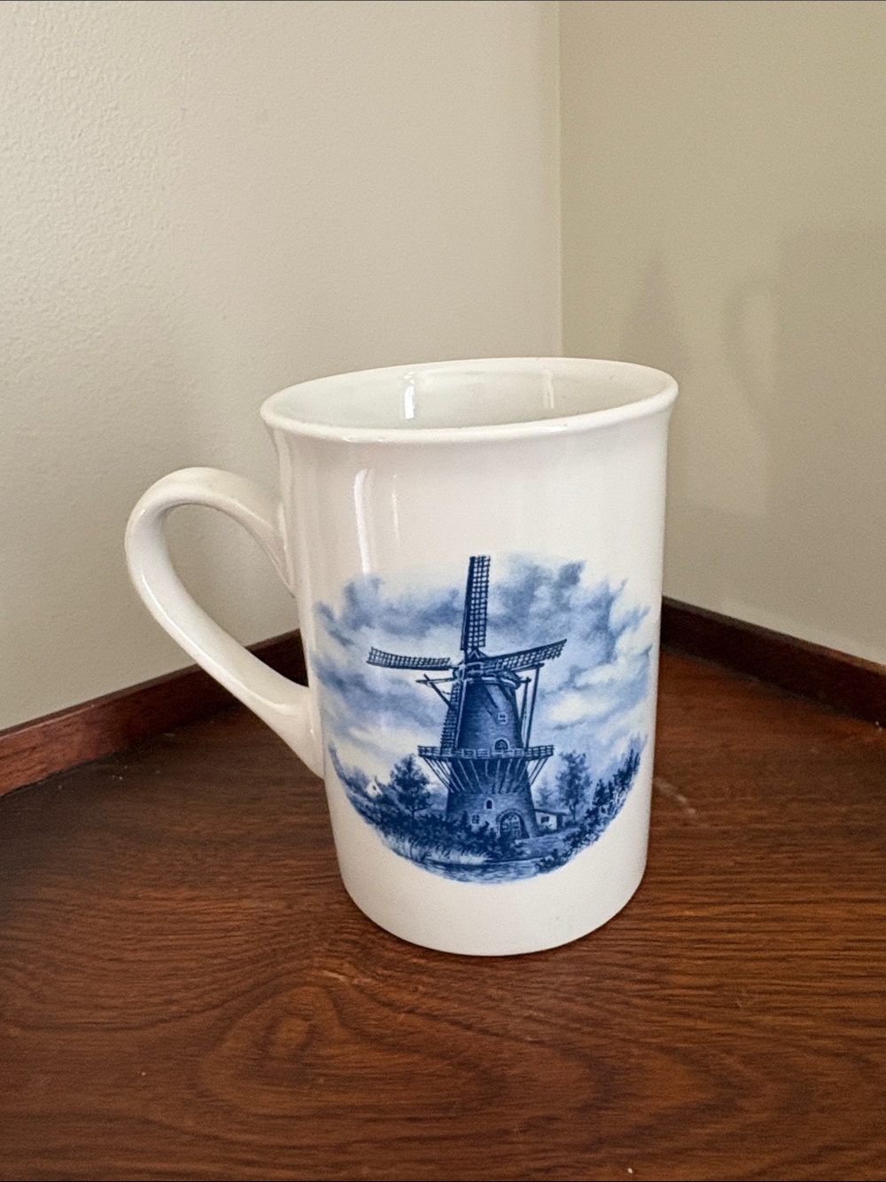 White Ceramic Delft Mug with Blue Windmill Illustration